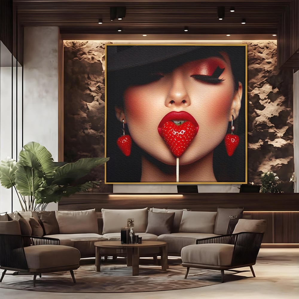 Tablou canvas cu tablou canvas cu buze rosii si capsuna, in rama de aluminiu auriu, pe perete intr-un birou